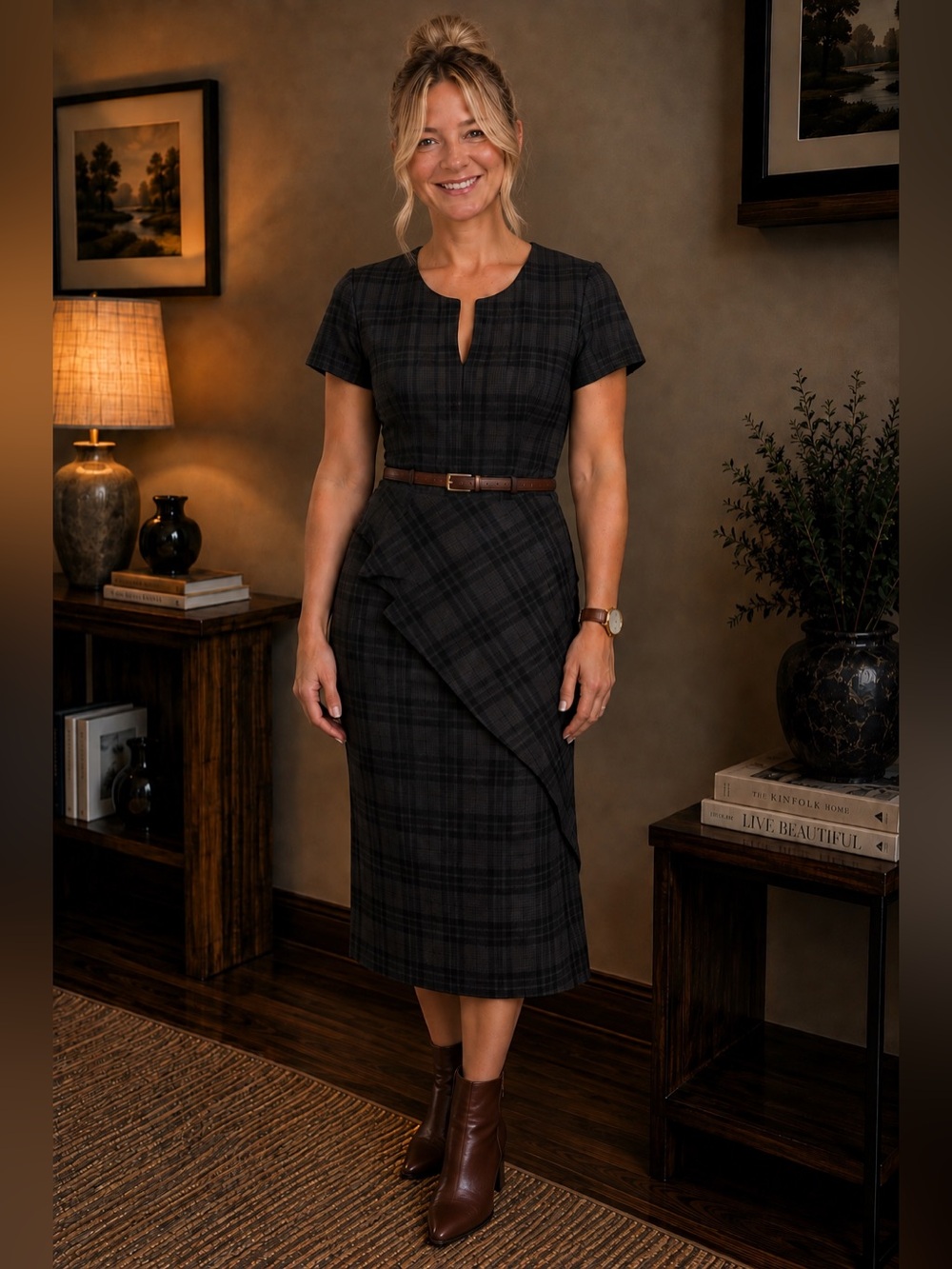 Banana Republic Size 4 Dark Gray Plaid Draped Midi Dress NWT